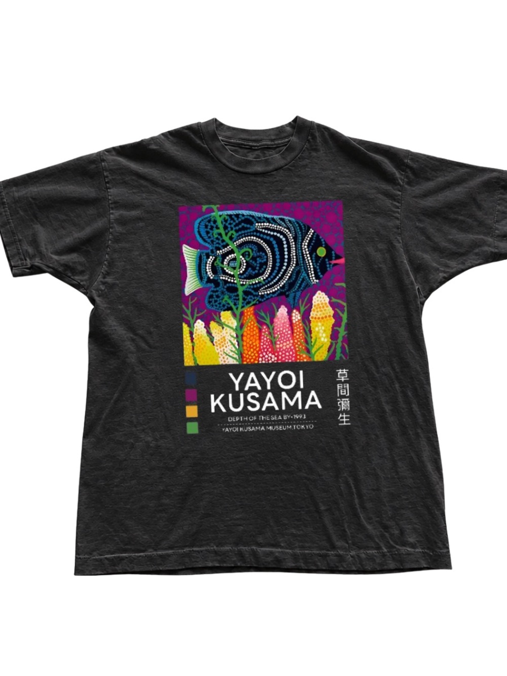 Black Tee with Multicolor Fish Art